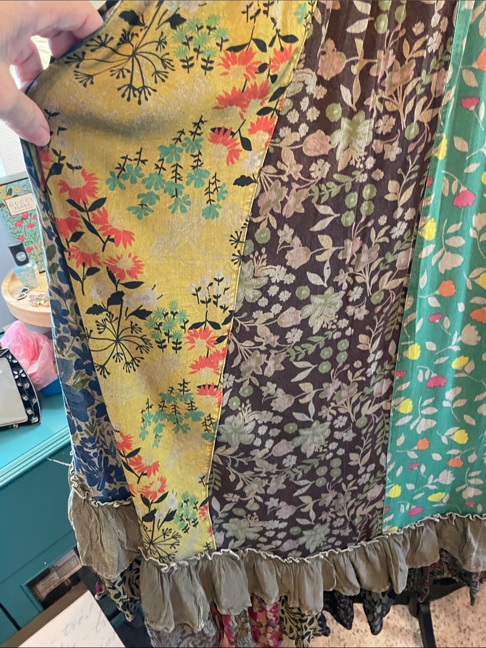PatchworkBoho  Floral Ruffle Maxi Skirt - Teal/Brown. Young Threads - Picture 12 of 14
